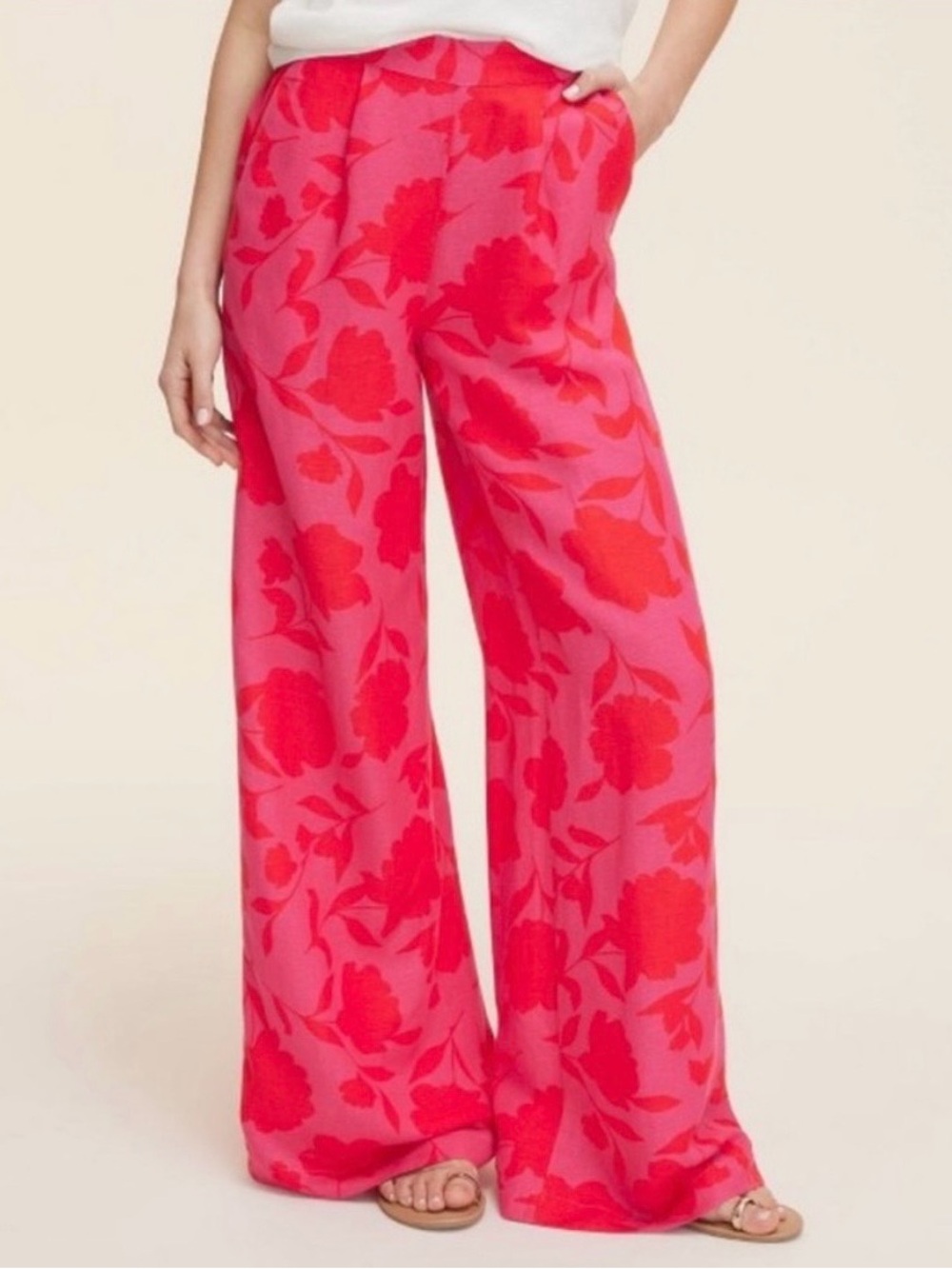 Wide Leg Floral Print Pants in Bright Pink and Red